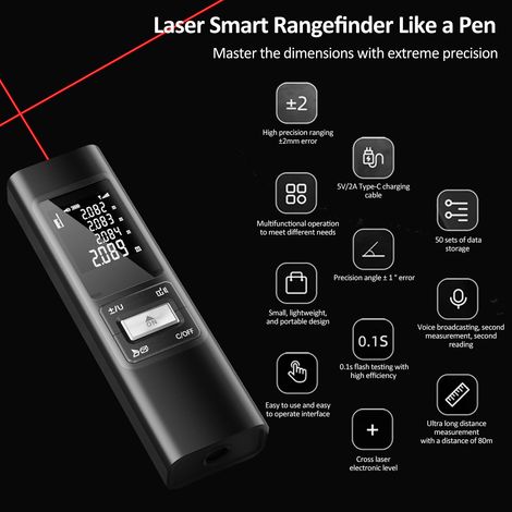 Telemetro laser portatile S80 80M, precisione ± 2 mm, mini dispositivo di misurazione digitale ad alta precisione per interni, ricaricabile, per aree, lunghezze e volumi, con guscio in lega di allumin (1/5)