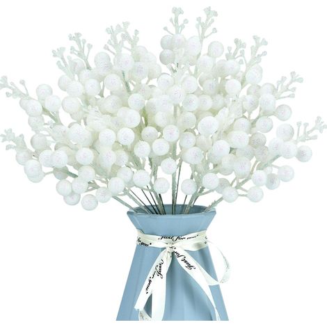 Juego de 12 tallos artificiales de bayas con purpurina para árbol de Navidad con polvo de purpurina - Decoración floral para manualidades, coronas, decoración del hogar (blanco brillante) (1/5)
