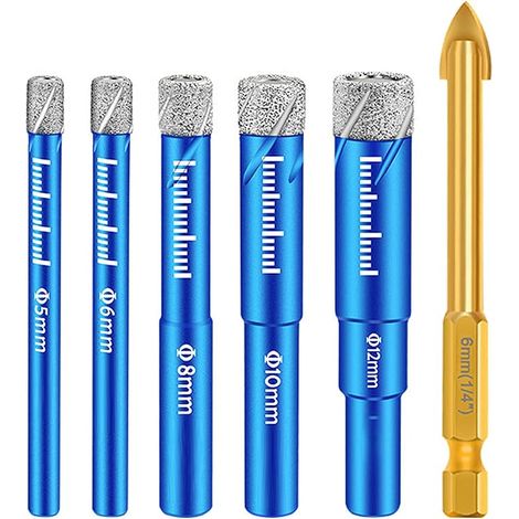 Set di 6 punte da trapano per piastrelle in porcellana e vetro [5, 6, 8, 10, 12 mm] con punta da trapano in metallo duro da 6 mm per piastrelle in ceramica, marmo e granito. (1/5)