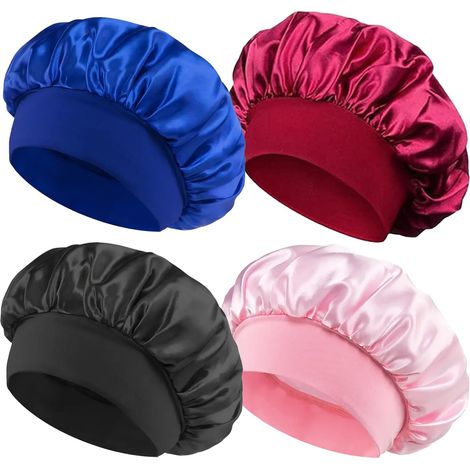 Gorros de seda para dormir (4 piezas) - Gorros de satén ajustables para mujer, protegen el cabello del encrespamiento y los daños, gorros cómodos para dormir durante la noche. (1/5)