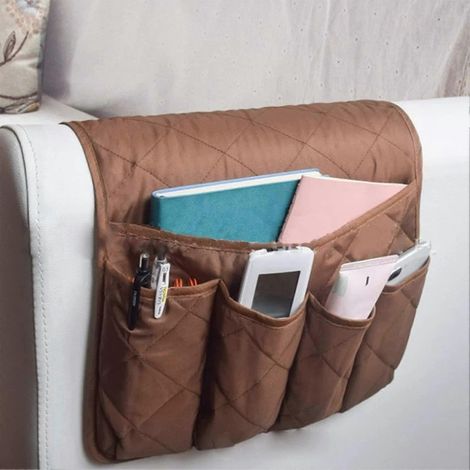 Sac de rangement pour accoudoir de canapé/porte-télécommande/sac de rangement pour fauteuil, avec 5 poches, rouge, 33x88 cm, accessoire de canapé antidérapant. (1/5)