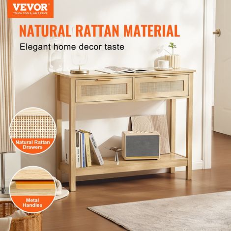 Table console en rotin avec 2 tiroirs de rangement, table d'entrée en rotin naturel avec porte coulissante, 1000 x 295 x 815 mm, ra… (1/5)