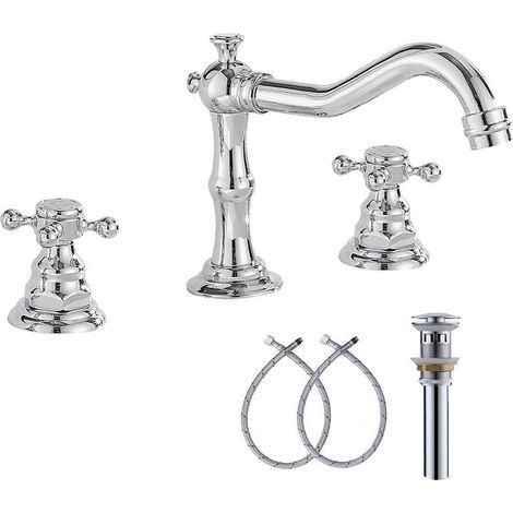 Moderner Kreuzgriff-Wasserhahn aus verchromtem Messing – Silber, drei Löcher, 360° schwenkbar, geeignet für Waschbecken und Spülen (1/4)