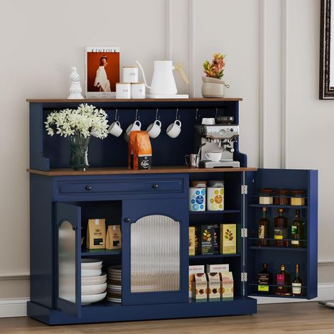 Küchenschrank mit Arbeitsplatte, blau, 120x120x40cm, mit Schublade und Glastüren (1/5)