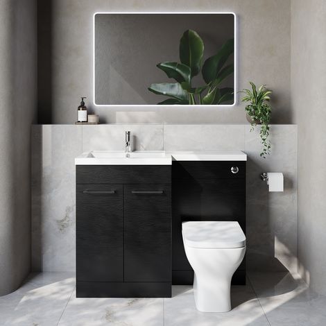 Napoli 460 Nero Oak 1100mm 2 Door Vanity Unit Toilet Suite with Left Hand Square Lucia Basin - 1100mm - Chrome 160mm HandleWith Kingston Toilet Pan and Seat