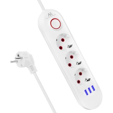 MACLEAN MCE394/MCE395 MULTIPRISE USB 2500W 1,5M COMPACT AVEC INTERRUPTEUR, PORTS USB ÉCLAIRÉS À 45° MONTAGE MURAL (BLANC,