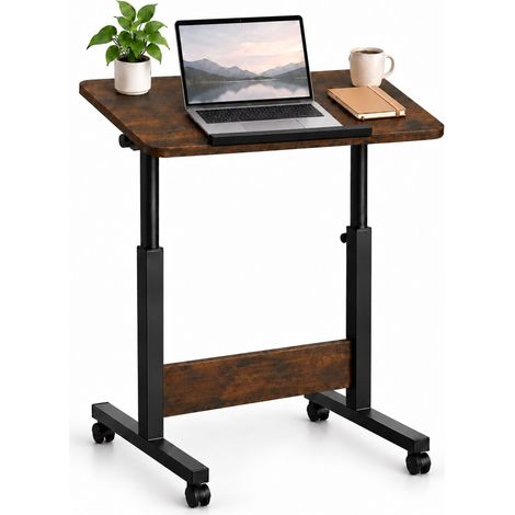 Relaxdays Height-Adjustable Laptop Table, 67-90 cm, Tilting, Castors, C-Shape, for Sofa, Armchair & Bed, Black/Brown (1/5)