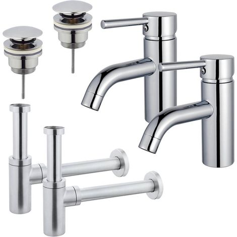 FugaFlow Eccelente Sobrado Kit robinet lavabo - pour double vasque - robinet bas - bonde clic clac - siphon design - Chrome brillant (1/4)