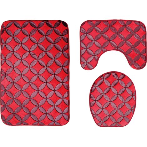 Tapis De Bain 3 Pièces En Polyester Imprimé Géométrique 3D Absorbant Antidérapant Pour Salle De Bain Rouge (1/5)