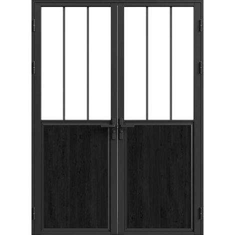 Blocco porta reversibile 2 battenti 2xH204xL83cm in Alluminio e Vetro temperato Nero stile atelier - ERMELO