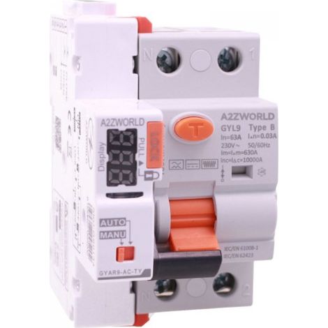 A2ZWORLD RCCB Interruttore Differenziale Puro Connesso WiFi Con Riarmo Automatico Tipo B 1P+N 3M 10000A 30mA AC 230V IP20 IEC61008-1 / IEC62423 GYL9, Disponibili 40A 63A (63A)