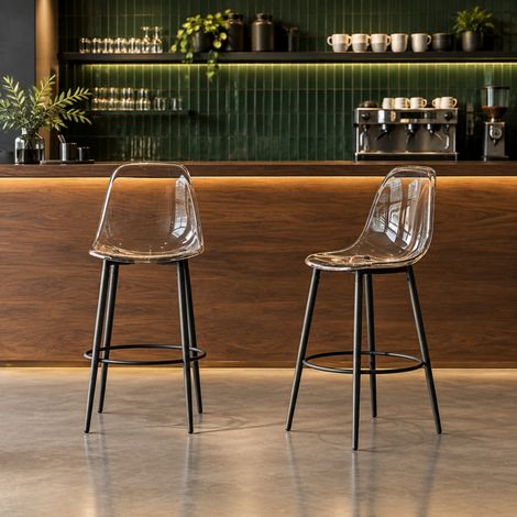 Set tavolo da bar e 2 sgabelli, piano in vetro Ø 89 cm, nero e trasparente, DESVIAE (1/5)