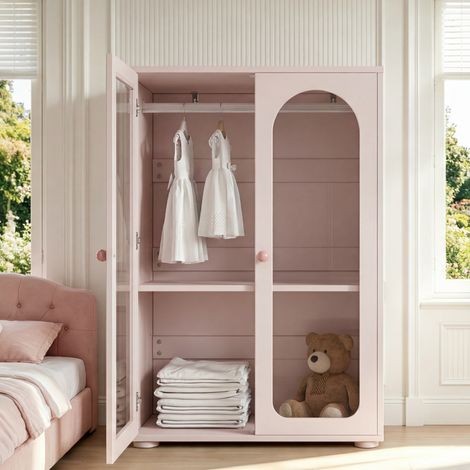 Armadio per Bambini a 2 Ante 80x50x120 cm con Appendiabiti e Ripiani Acrilico Moderno Rosa