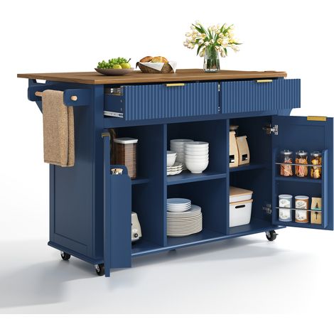 Îlot de cuisine sur roulettes 143 x 45 x 89,5 cm avec plateau rabattable, 2 tiroirs, 2 portes, rangements à épices et porte-serviettes en MDF - CHICFURN (1/5)