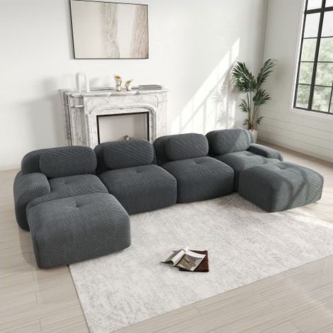 Canapé Modulable 388x178x75cm Velours Côtelé Sans Montage - Canapé Composable - Forme U 4 Places Gris Ergonomique 32D Antidérapant (1/5)
