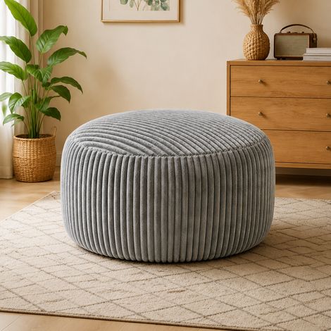 Sillón puff redondo, relleno de espuma viscoelástica granular, tela de pana, gris claro (1/5)