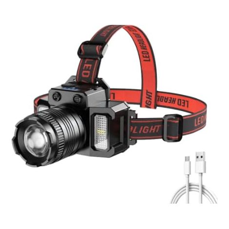 Lampada frontale a LED, 1000 lumen, 9 LED, ricaricabile tramite USB, sensore di movimento, impermeabile, fascio luminoso di 50 m, taglia universale, nera [Classe energetica A+++]