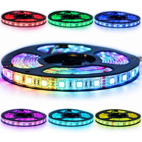 Kit de cinta profesional 5050 - 60 leds/m - 1m, 2.5m, 5 o 10 metros a elegir - RGB anti-salpicaduras (IP65)  Transformador: Fuente de alimentación incluida - Longitud: 2.5 metros - Control remoto del 