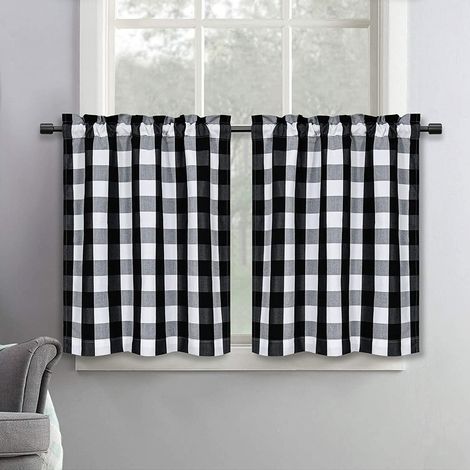 Set di 2 tende da cucina a quadri bianchi e neri, 60 x 90 cm, lavabili, filtranti, leggere, con tasca per asta, antipiega