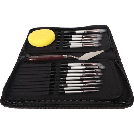 Ensemble de 15 pinceaux offrant une prise en main confortable et une application précise. Cet ensemble pour aquarelle comprend un grattoir, une éponge et une pochette en tissu. Convient également à la