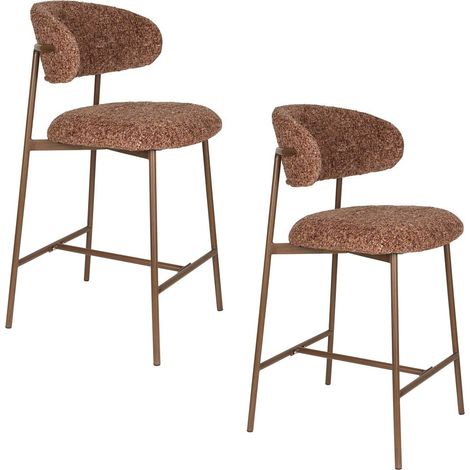 Tabouret de bar tissu beige 65 cm – Assise rembourrée 44 x 44 cm – Dossier incurvé – Structure métal finition bois noyer – Boite A Design