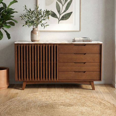 Buffet 140x45x78cm en bois de manguier brun et terrazzo - KYOJO