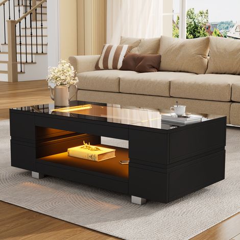 Couchtisch 100x50x35cm mit per App steuerbarer LED-Beleuchtung, Spanplatte und gehärtetem Glas, schwarz