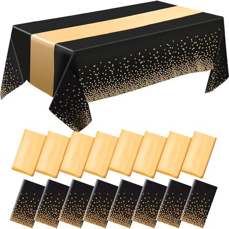 8er Set Tischdecke & Tischläufer Einweg Schwarz Gold Punkte