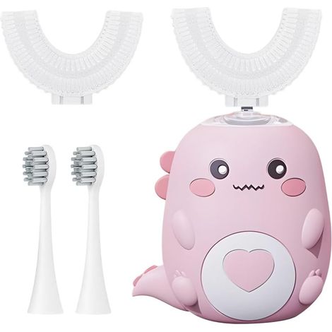 Brosse à dents ultrasonique 360º pour enfants, brosse à dents électrique pour enfants avec 2 têtes de brosse en silicone en forme de U et 2 têtes de brosse souples, brosse à dents électrique pour enfa