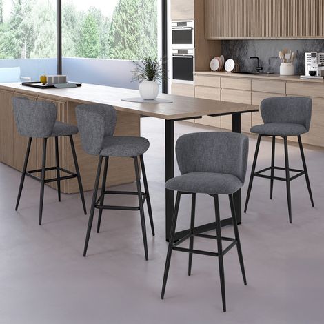 Lote de 4 taburetes de bar OMBLINE con asiento de tela gris oscuro y patas de metal negro