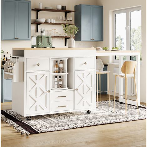 MEUBLIV Desserte de cuisine extensible blanche avec roulettes, plateau coulissant et rangements (1/5)
