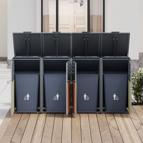 Boîte de rangement extérieure pour poubelles, couvercle à charnière, aération à persiennes, cadenassable, 4 portes, coffre de jardin robuste. (1/5)