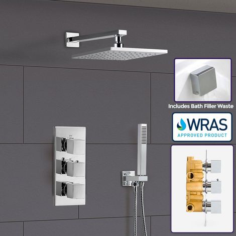 Olive Square 3 Way Triple Thermostatic Valve with Round Shower Head + Handset (1/5)