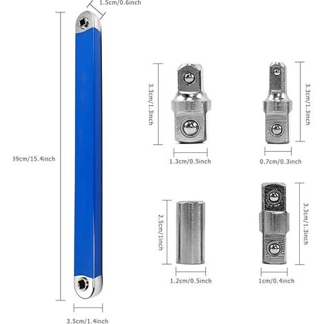 Clé d'extension coudée, clé d'extension multifonctionnelle, clé d'extension offset en acier à haute teneur en carbone, avec adaptateur d'entraînement 1/2", 1/4" et 3/8" (1/5)