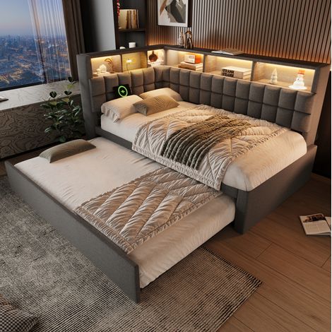 Cama moderna 90x200 cm tapizada en lino gris con cama nido 90x190, cabecero en L con estantes, LED, Bluetooth y USB (1/5)