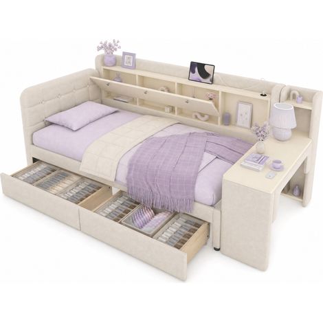 Lit banquette 90x200 avec 2 tiroirs, bureau réversible, coffre à abattant, rangement ouvert, ports USB et USB-C, beige, en tissu, pour chambre gain de place CHICFURN (1/5)