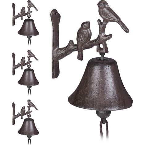 Set of 4 Relaxdays Cast Iron Doorbells, Antique Bird Look, Clear Sound, Garden Ornament, Weatherproof, Brown
