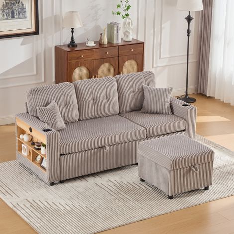 Canapé en velours côtelé – Combinant espace de rangement et lit d'appoint. Il est équipé d'un port USB-C, d'un éclairage d'ambiance, de porte-gobelets et de larges accoudoirs. (1/4)