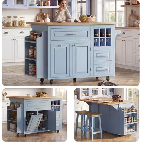 Chariot de cuisine ergonomique, chariot de service avec tiroirs, panier à vin amovible, étagère latérale pour les en-cas et espace poubelle, chariot roulant multifonctionnel pour la cuisine, la salle (1/5)