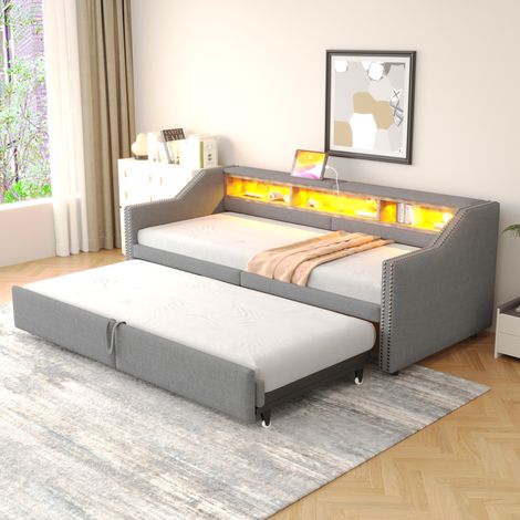 Lit banquette rembourré gris clair 90/180x200 cm avec sommier à lattes, rangement et USB (1/5)