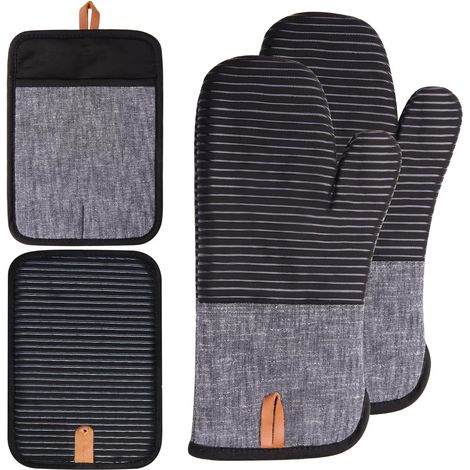 Lot de 4 Gants de Four et Maniques de Cuisine (Noir), 2 Gants de Four Longs et 2 Maniques, en Coton Antidérapant, Résistants à la Chaleur et Lavables en Machine (1/5)