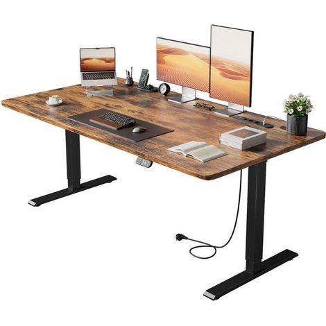 EcoFurnix Bureau Assis Debout Electrique, 160 x 80 cm, Hauteur Réglable 72-117 cm, avec Prise Intégrée & Port USB, Marron Vintage