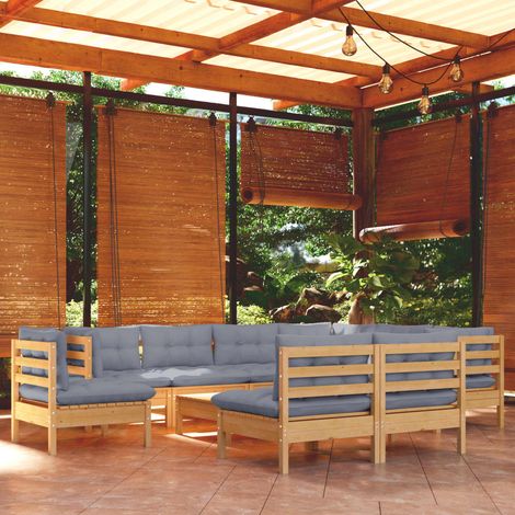 Salon de jardin 10 pcs Ensemble Table et Chaise de Jardin - avec coussins gris Bois de pin solide BV368019 - BonneVie (1/5)