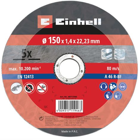 Original Einhell Trennscheiben-Set dünn 150 x 1,4 mm (Winkelschleifer-Zubehör, 5-tlg., Ø 150 x 1,4 x 22,23 mm, max. 10200 min-1, extra dünn für wenig Materialverlust)