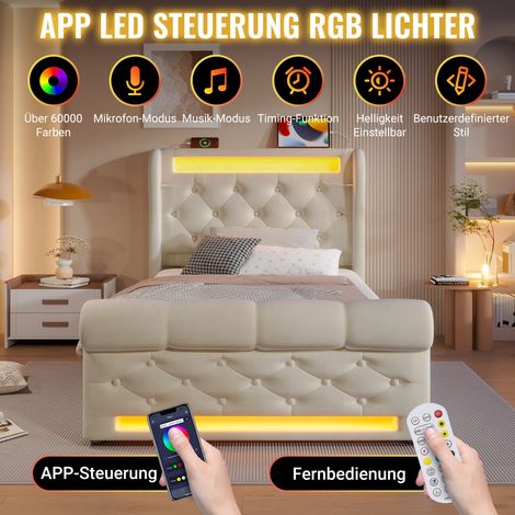 Lit tapissé moderne 90x200cm, sommier coffre hydraulique avec tête de lit rangement, LED intégrées, ports USB et Type-C, revêtement velours beige, sans matelas. (1/5)