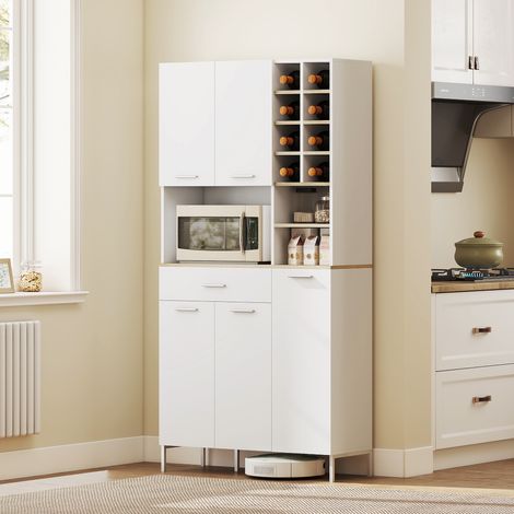 Mobile da cucina con ripiani a giorno, scomparti, portabottiglie, dispensa con 5 ante, MDF, bianco