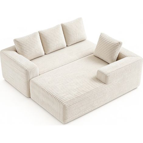 Canapé modulable beige 4 places en velours côtelé, canapé d’angle en L avec méridienne gauche et assise profonde, sans montage (1/5)