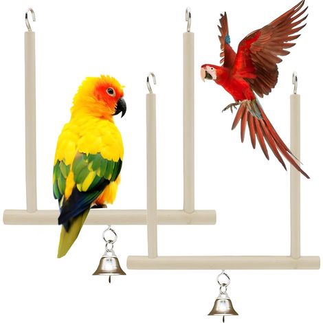Juego de 2 juguetes para pájaros de madera maciza natural, accesorios para jaulas de pájaros, columpio colgante para mascotas con cascabel, que imita su hábitat natural. (1/4)