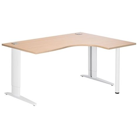 Bureau compact chêne clair L 160 cm retour à droite piètement L réglable métal Plus blanc Essens - Maxiburo