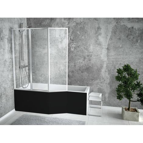 Otitec – Baignoire bain douche gauche 170 x 75 cm – Pare baignoire 3 volets – Tablier noir – Acrylique – Installation universelle (1/5)